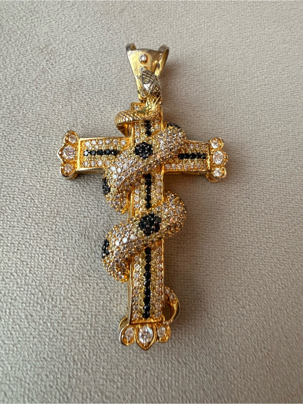 Gold-Tone Cross Pendant with Black & Clear Crystal Snake Pendant